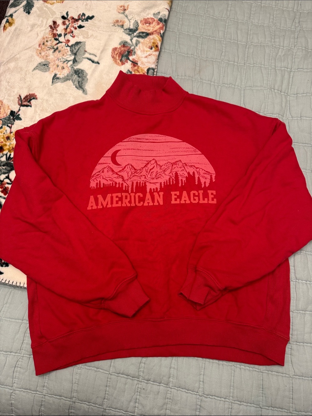 American Eagle Outfitters Red Turtleneck Sweatshirt with Mountain Graphic
